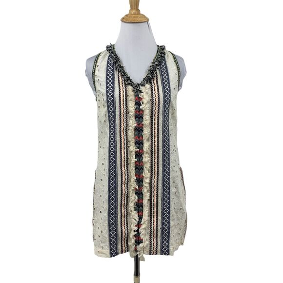 Artelier Nicole Miller Tank Top Women P Petite Embroidered Fringe Lace Up Tassel - Picture 1 of 14
